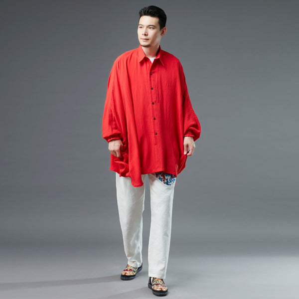 Men Red Loose Linen and Cotton Linen Cardigan Shirt
