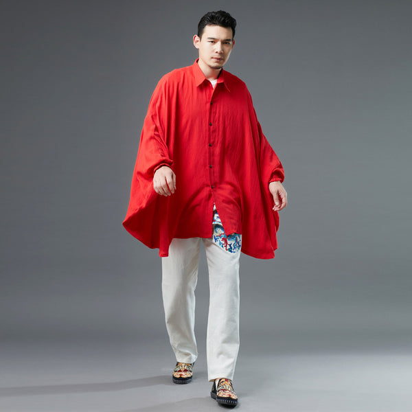 Men Red Loose Linen and Cotton Linen Cardigan Shirt