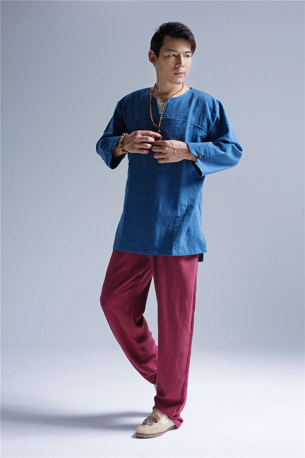 Men Pullover V-neck Linen and Cotton T-shirts Tops