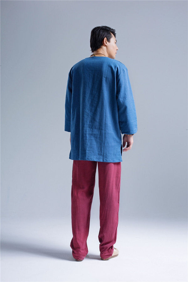 Men Pullover V-neck Linen and Cotton T-shirts Tops