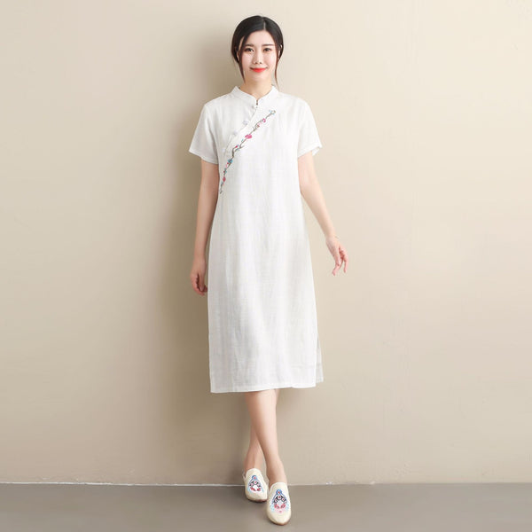Women Ethnic Style Linen and Cotton Traditional Hanfu Type Tea Length Dress