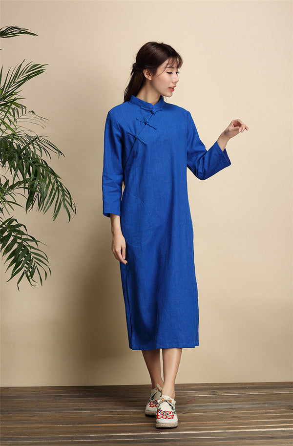 Qi Pao Linen Dress/ Simple Linen Dress/ Summer Linen Dress/ Tea Length Dress/ Casual dress/ Ethnic Hanfu Dress