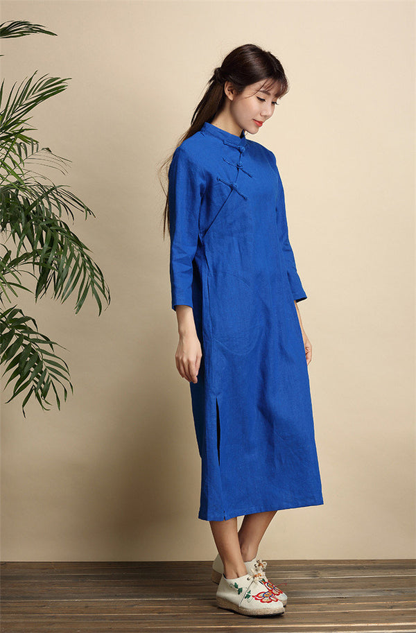 Qi Pao Linen Dress/ Simple Linen Dress/ Summer Linen Dress/ Tea Length Dress/ Casual dress/ Ethnic Hanfu Dress