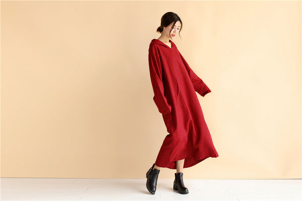 Hoodie dress/ Linen Dress Hoodie/ Autumn Hooded Dresses/ Ankle Length Dress/ Casual dress/ Coat Dress/ Tunic Dress