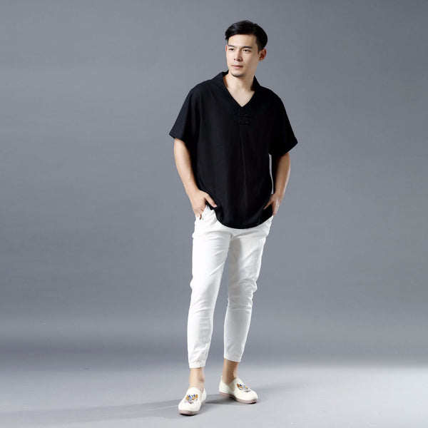 Men Pullover Short Sleeve Linen and Cotton Shirts Tops