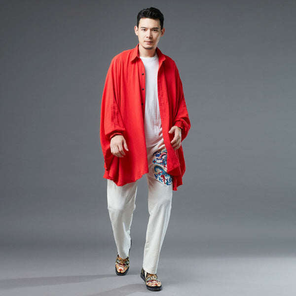 Men Red Loose Linen and Cotton Linen Cardigan Shirt