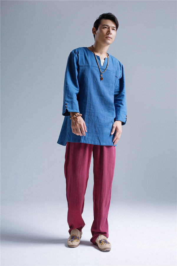 Men Pullover V-neck Linen and Cotton T-shirts Tops