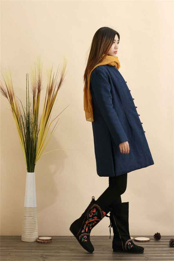 Women Pure Color Linen and Cotton Quilted Coat