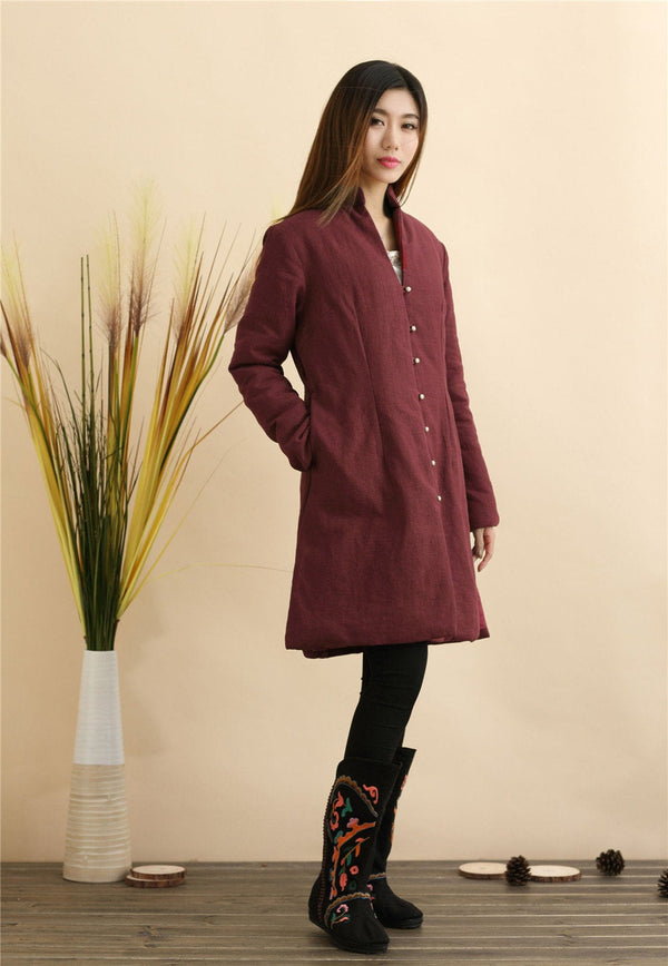 Women Pure Color Linen and Cotton Quilted Coat