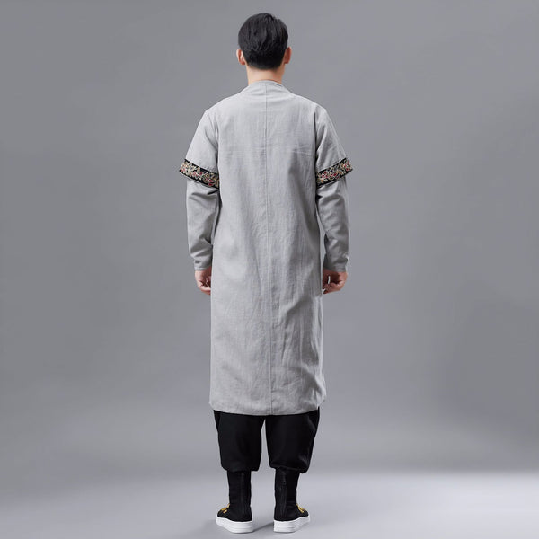 Men Asian Style Double-layered Linen and Cotton Long Coat