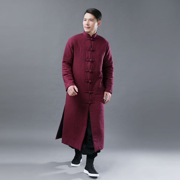Men Asian Style Linen and Cotton Long Quilt Coat