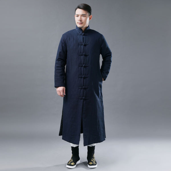 Men Asian Style Linen and Cotton Long Quilt Coat