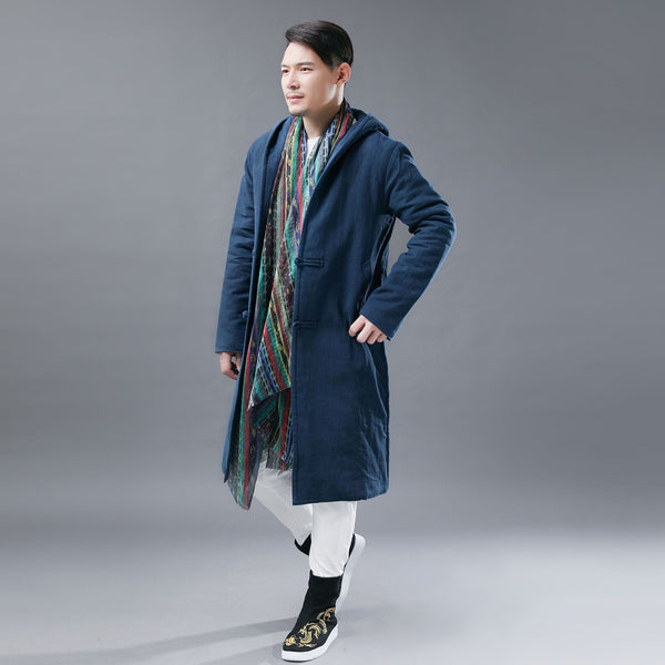Men Simple Navy Blue Linen and Cotton Quilted Middle Coat Hoodie