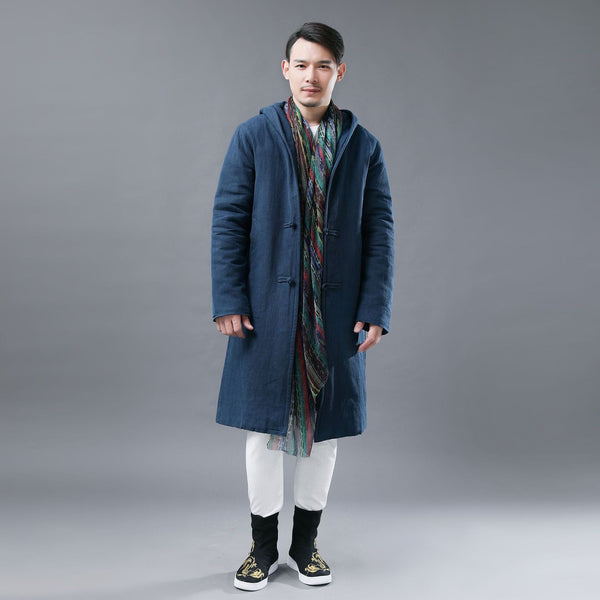 Men Simple Navy Blue Linen and Cotton Quilted Middle Coat Hoodie