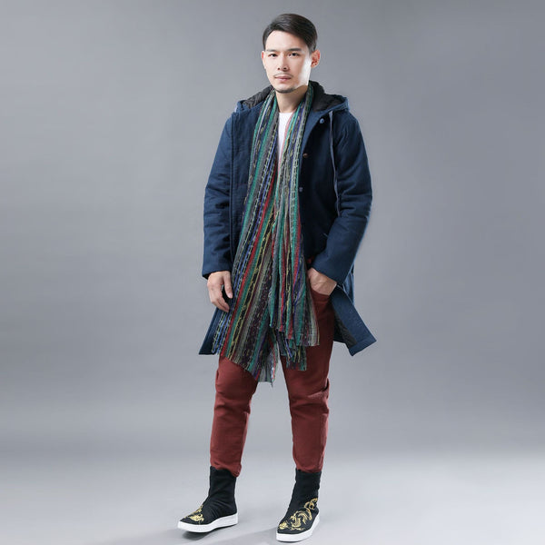 Men Colorful button Linen and Cotton Middle Length Coat Hoodie
