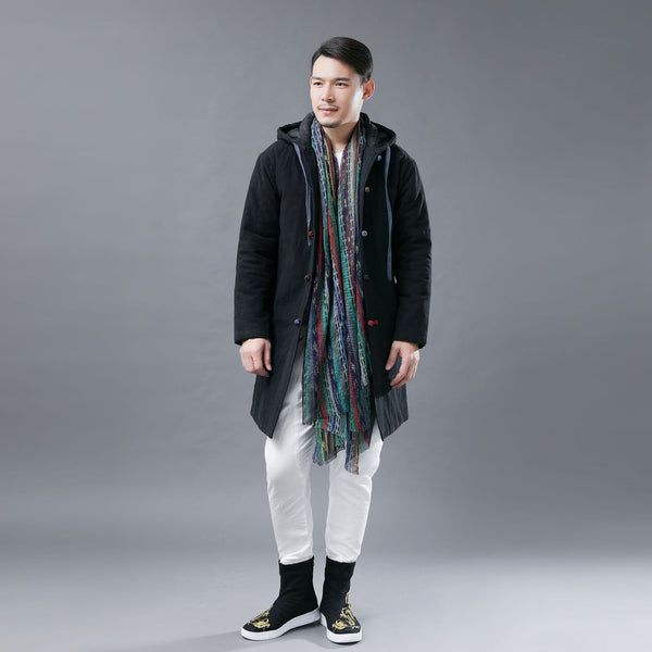 Men Colorful button Linen and Cotton Middle Length Coat Hoodie