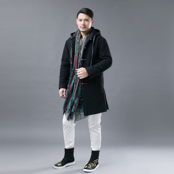 Men Colorful button Linen and Cotton Middle Length Coat Hoodie