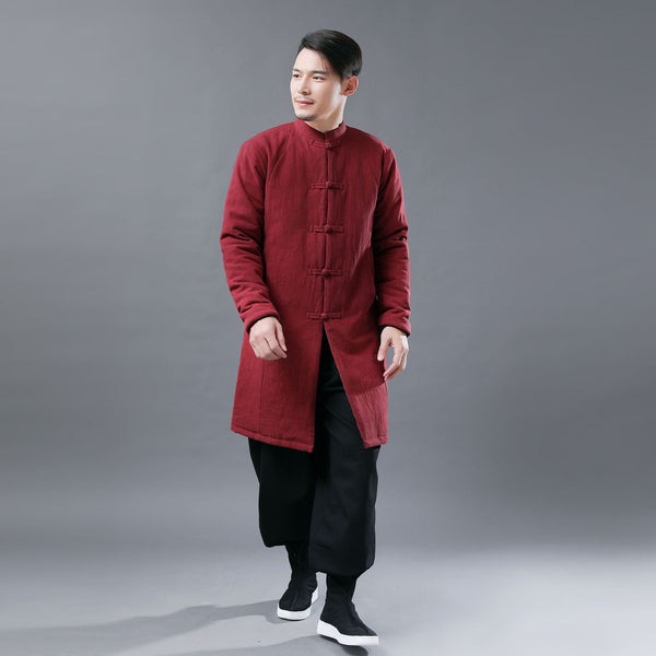 Men Asian KungFu Style Middle Length Linen and Cotton Quilted Coat