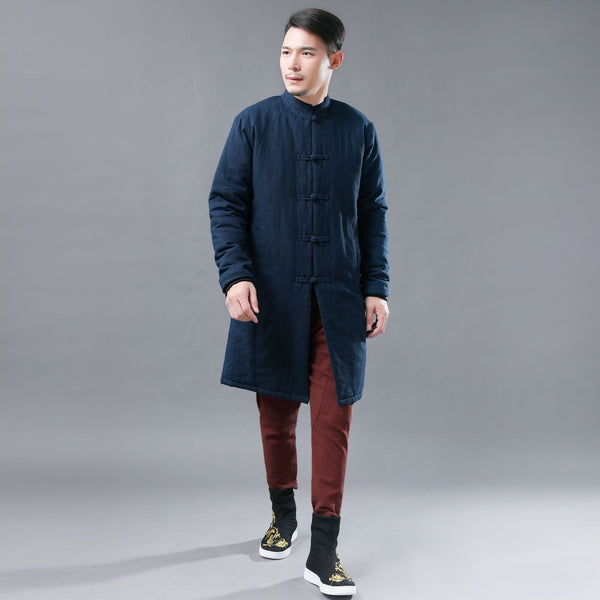 Men Asian KungFu Style Middle Length Linen and Cotton Quilted Coat