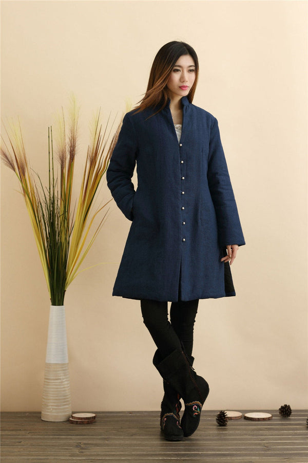 Women Pure Color Linen and Cotton Quilted Coat