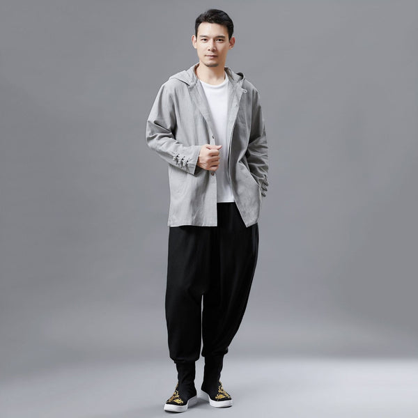 Men Simple Pure Color Linen and Cotton Coat/Jacket Hoodie