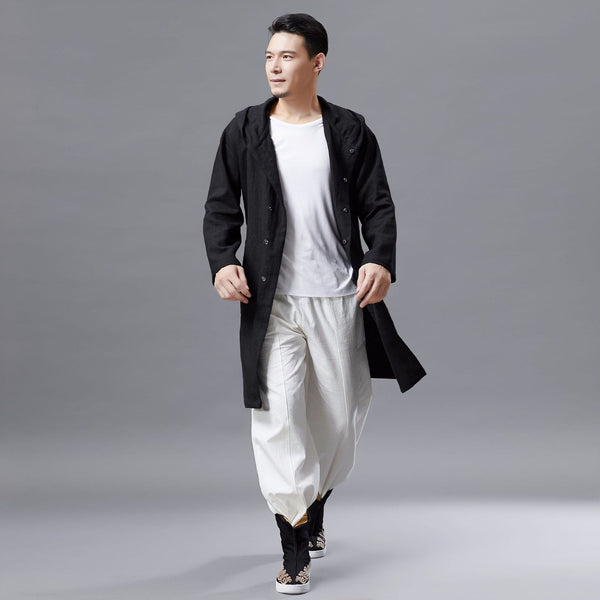 Men Linen and Cotton Middle Length Coat Hoodie