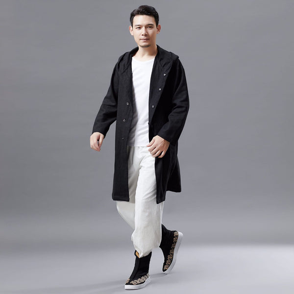 Men Linen and Cotton Middle Length Coat Hoodie