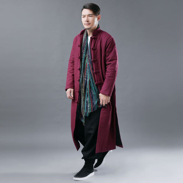 Men Asian Style Linen and Cotton Long Quilt Coat
