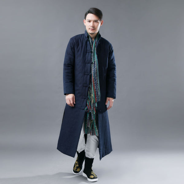 Men Asian Style Linen and Cotton Long Quilt Coat