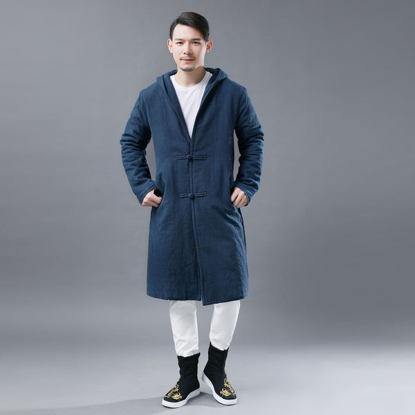 Men Simple Navy Blue Linen and Cotton Quilted Middle Coat Hoodie