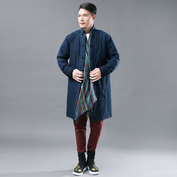 Men Asian KungFu Style Middle Length Linen and Cotton Quilted Coat