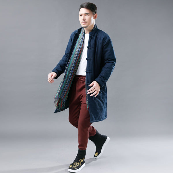 Men Asian KungFu Style Middle Length Linen and Cotton Quilted Coat