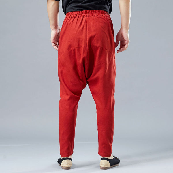 Men Casual Pure Color Cotton and Linen Crotch Dancing Pants
