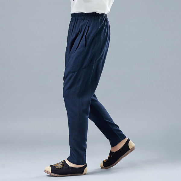 Men Casual Pure Color Cotton and Linen Crotch Dancing Pants
