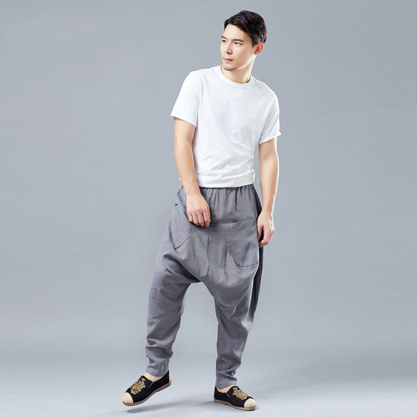 Men Casual Front and Back Pockets New Style Linen Crotch Dancing Pants