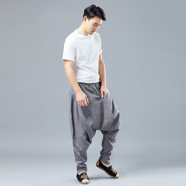 Men Casual Front and Back Pockets New Style Linen Crotch Dancing Pants