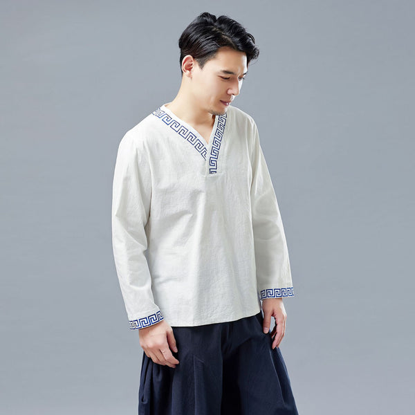 Men Chinese Style V-neck Linen and Cotton Pullover Top