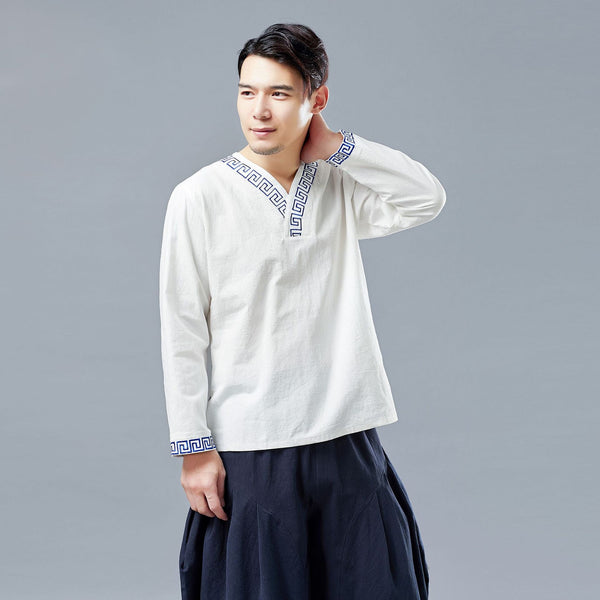 Men Chinese Style V-neck Linen and Cotton Pullover Top