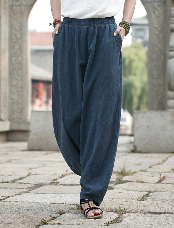 Women Retro Style Water-washed Linen and Cotton Lantern Pants
