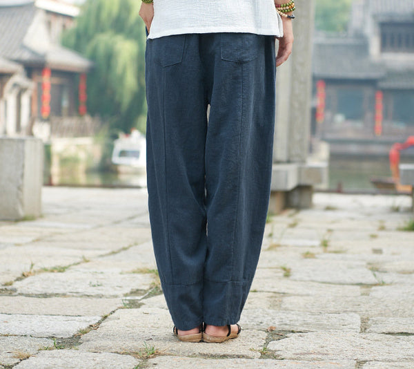 Women Retro Style Water-washed Linen and Cotton Lantern Pants