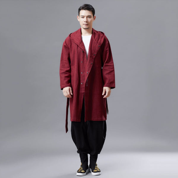 Men Linen and Cotton Middle Length Coat Hoodie