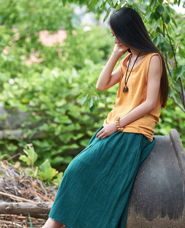 Women Simple Linen and Cotton Maxi Skirt