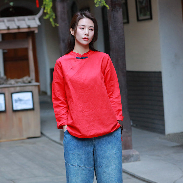 Pure Color Asian Style Women Long Sleeve Linen Blouses