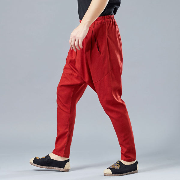 Men Casual Pure Color Cotton and Linen Crotch Dancing Pants