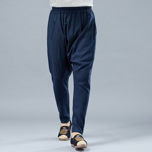 Men Casual Pure Color Cotton and Linen Crotch Dancing Pants