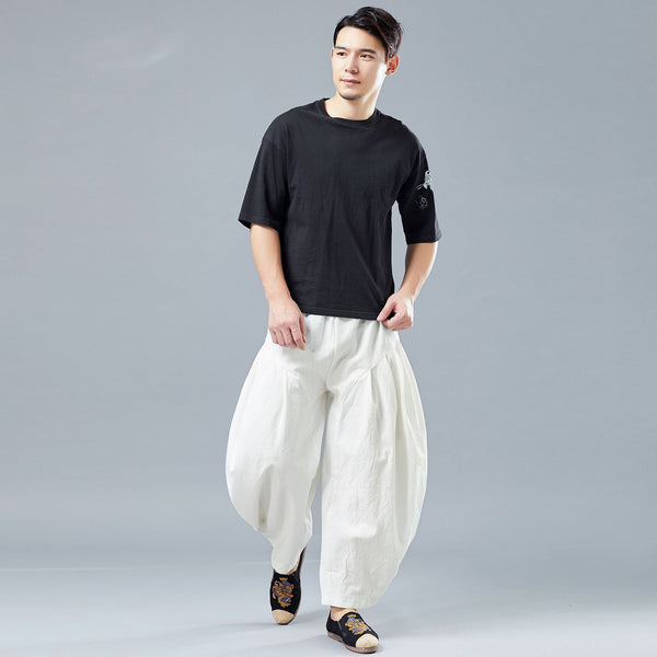 Men Casual Linen Lantern Cropped Pants | New Style Linen Crotch Dancing Men Pants
