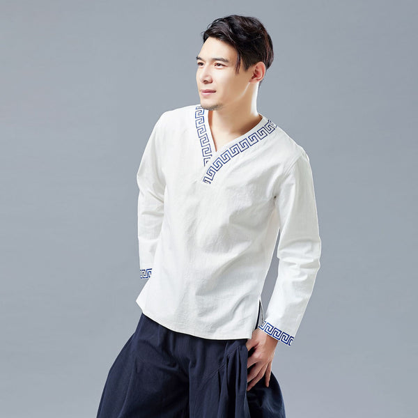Men Chinese Style V-neck Linen and Cotton Pullover Top