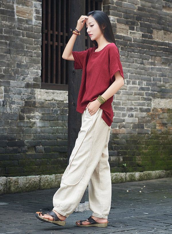 Women Retro Style Water-washed Linen and Cotton Straight Pants