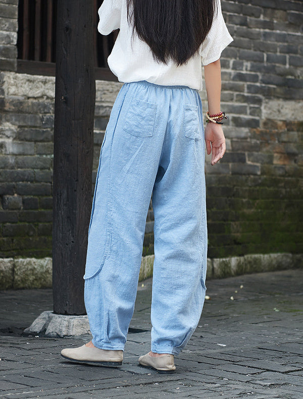 Women Retro Style Water-washed Linen and Cotton Straight Pants