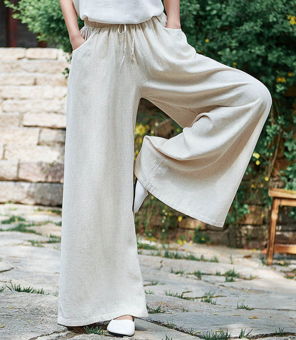 Women Retro Style Linen and Cotton Sand Washed Wide Leg Opening Pants